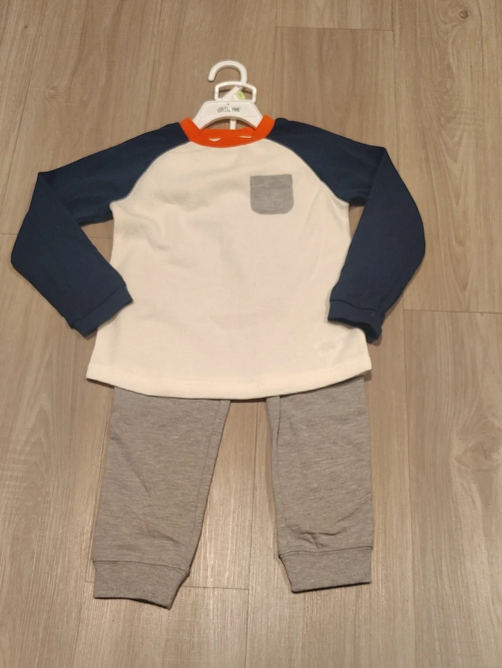 Little Me Navy Sleeve Raglan Top & Grey Joggers with Orange Neckline